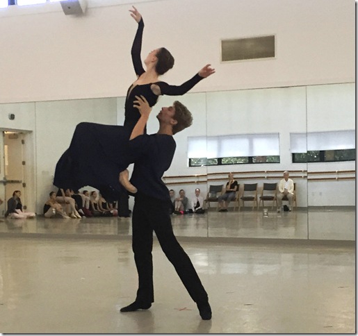 Harid Conservatory students Kristin Cowger, 18, of Hollidaysburg, Pa., and Hayden Slaff, 17, of Hackettstown, N.J.., rehearse Mark Godden’s “Miroirs” on Friday at the Boca Raton dance school. (Photo by Gordon Wright)