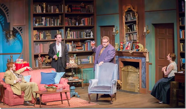From left, Thomas Karner, Nicholas Wilder, Ken Clement and Melissa MacLeod Herion appear in “Bell, Book and Candle” at Broward Stage Door Theatre. (Photo by George Wentzler)