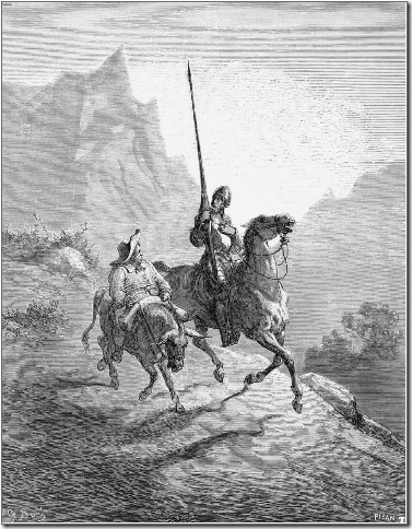 Don Quixote and Sancho Panza set out on their adventures, in this 1863 drawing by Gustave Doré.