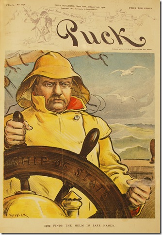 “1902 Finds the Helm in Safe Hands,” by Joseph Keppler Jr., published as the cover of “Puck” on Jan. 1, 1902, expressing support for President Theodore Roosevelt, newly in office following the September 1901 assassination of President William McKinley. (Courtesy Flagler Museum)