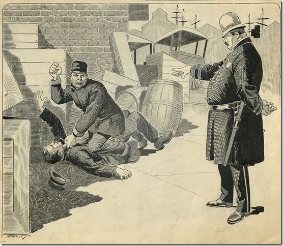 “Fair Warning” (1911), by Samuel Ehrhart, published in the July 7, 1911, edition of “Puck,” is a commentary on New York City police corruption. (Courtesy Flagler Museum)