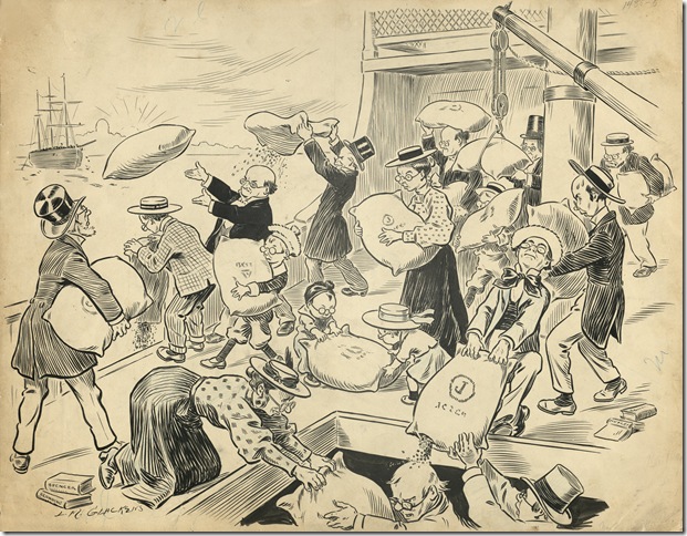 “The Boston Coffee Party” (1905), by Louis M. Glackens, published in the Sept. 6, 1905, edition of “Puck,” is a reaction to a proposal in Congress for a tax on coffee as well as a critique of wasteful appropriations. (Courtesy Flagler Museum)
