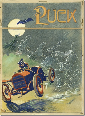 “The Haunted Auto” (1910), by Alfred Zantziger Baker, published as the cover of the April 20, 1910, issue of “Puck,” portrays the effect of the relatively new invention of the car on animal life. (Courtesy Flagler Museum)
