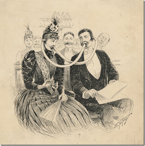 “The Theater Conversationalist” (1890), by Samuel Ehrhart, published in the Jan. 29, 1890, edition of “Puck,” offers a solution to a problem still with us today. (Courtesy Flagler Museum)