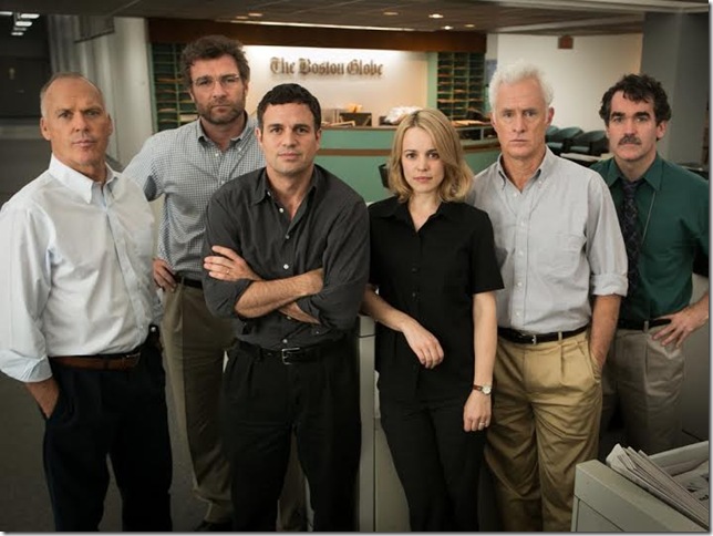 From left: Michael Keaton, Liev Schreiber, Mark Ruffalo, Rachel McAdams, John Slattery and Brian D’Arcy James in “Spotlight.”