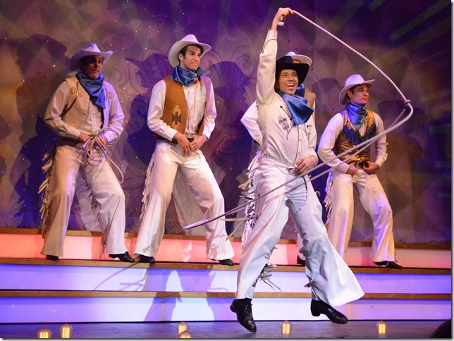 Matt Loehr (front) in “The Will Rogers Follies” at the Maltz Jupiter Theatre. Behind him, from left: Dennis O’Bannion, Zach Williams, Graham Keen (obscured) and Chris Kotera. (Photo by Jen Vasbinder)