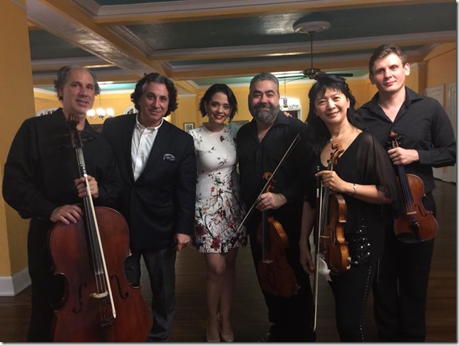 The Delray String Quartet and guests after its Jan. 3 concert in Delray Beach. From left: Cellist Claudio Jaffé, composer Richard Danielpour, soprano Maria Aleida, violist Richard Fleischman, violinists Mei Mei Luo and Valentin Mansurov. (Photo from Facebook)