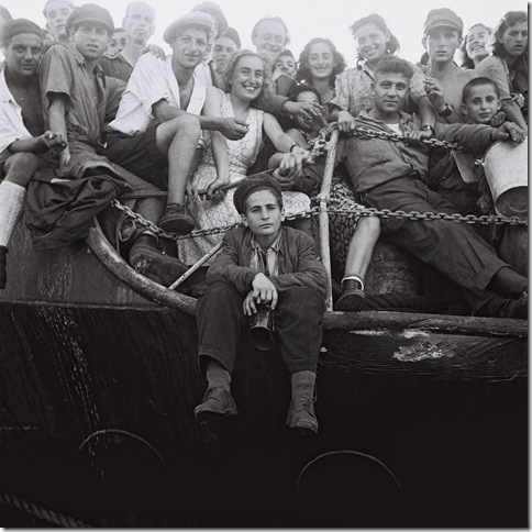 A group of Jewish immigrants enters the port of Haifa, in a photo seen in Colliding Dreams.
