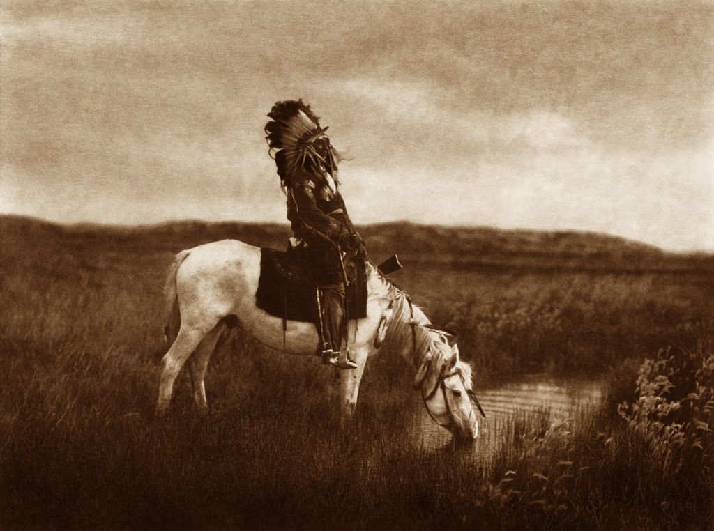 An Oasis in the Badlands (1905), by Edward S. Curtis. The man on horseback is Red Hawk of the Oglala Sioux, in South Dakota. 